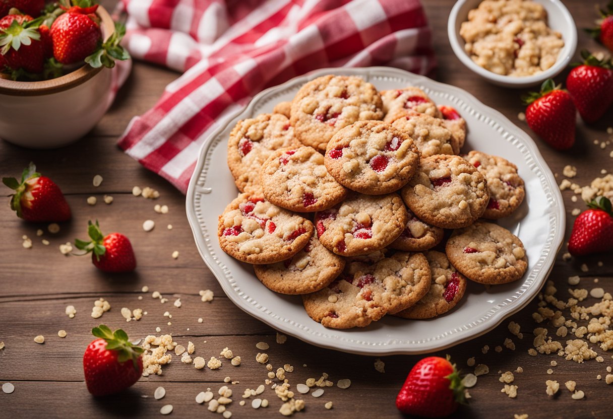 A plate of strawberry crunch cookies sits on a rustic wooden table, surrounded by scattered fresh strawberries and a few scattered cookie crumbs