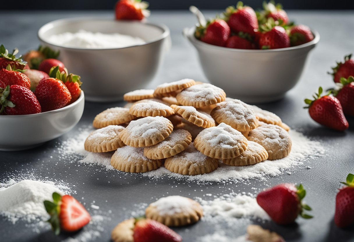 A mixing bowl with flour, sugar, and strawberries. A rolling pin and cookie cutters on a countertop. A baking sheet with freshly baked strawberry crunch cookies