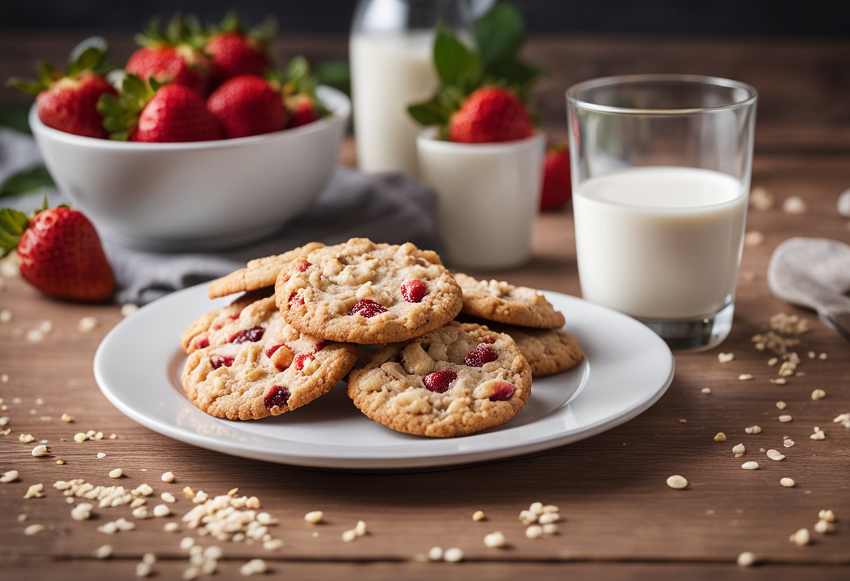 A plate of cookies with a glass of milk beside it. The cookies are arranged neatly, and some crumbs are scattered around the plate