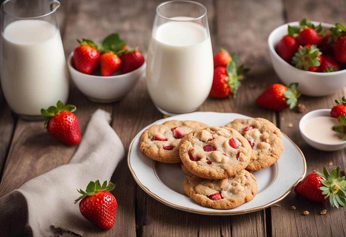 A plate of strawberry crunch cookies next to a glass of milk on a wooden table. A few fresh strawberries are scattered around the plate