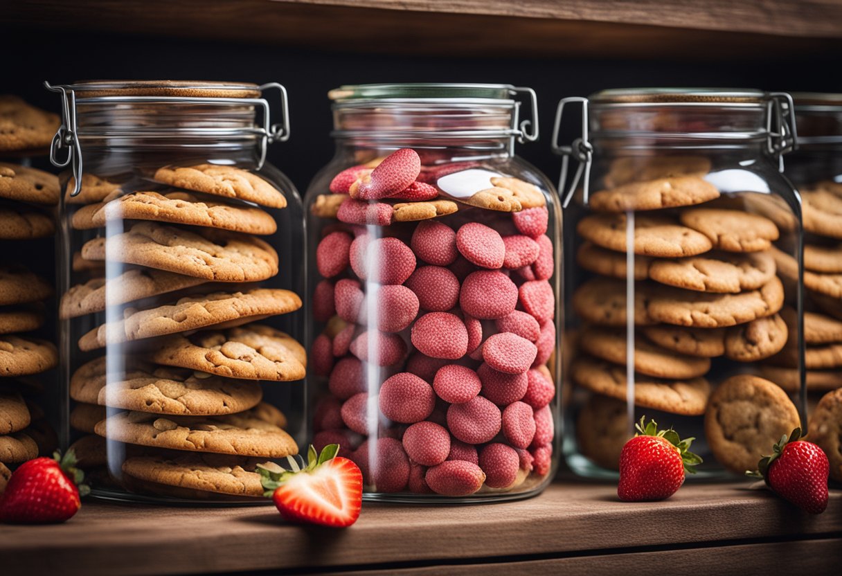 A glass jar filled with cookies sits on a wooden shelf, surrounded by other preserved goods. The cookies are neatly arranged and sealed for long-term storage