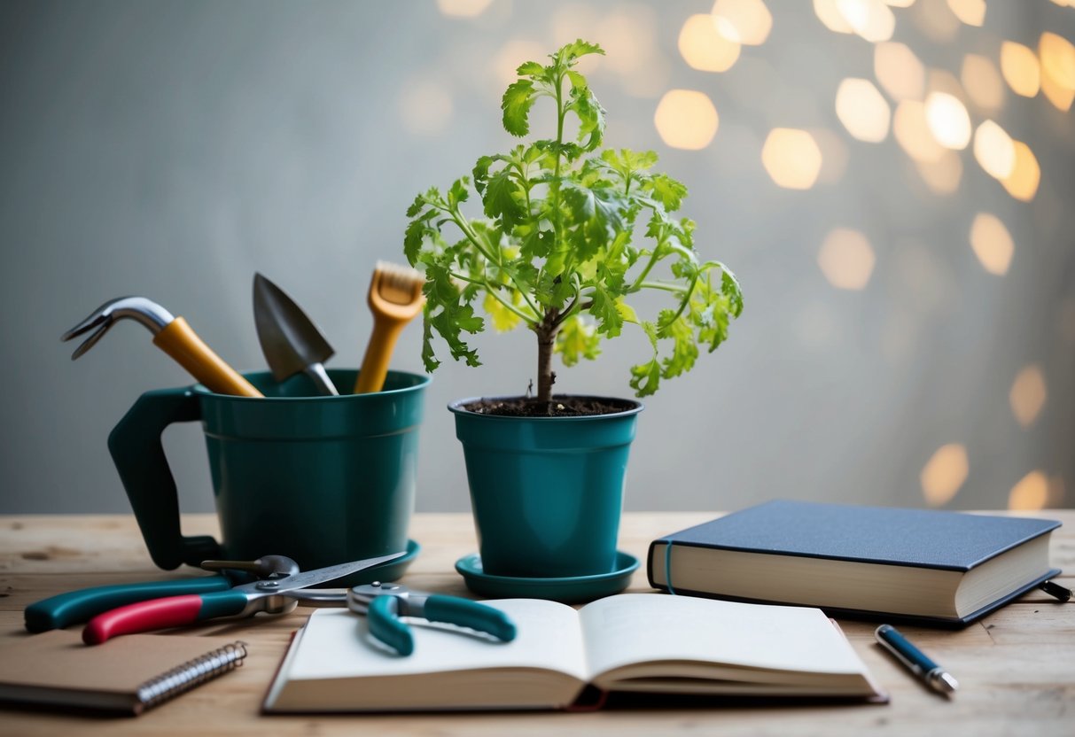 A fixed mindset scene: A wilted plant surrounded by untouched gardening tools, while a closed book sits next to an empty notebook