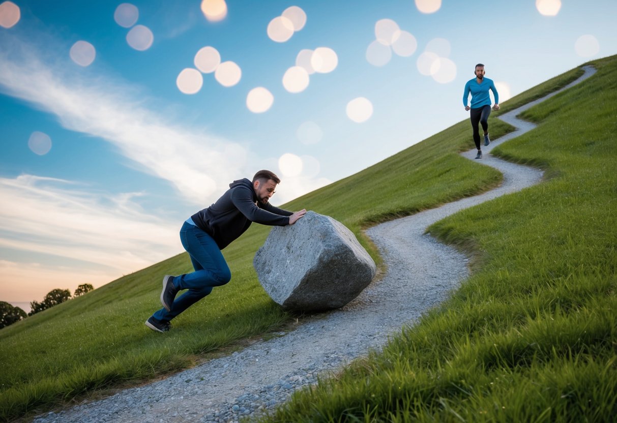 A fixed mindset person struggling to push a large boulder up a steep hill, while a growth mindset person confidently navigates a winding path up the same hill