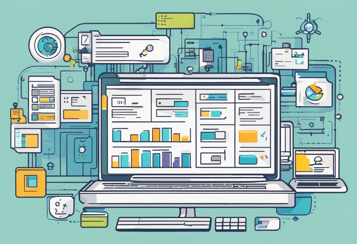 The illustration shows a computer screen with multiple tabs open, each displaying different test frameworks and tools such as Selenium, Cypress, and Typescript. Icons of automation testing are scattered around the screen