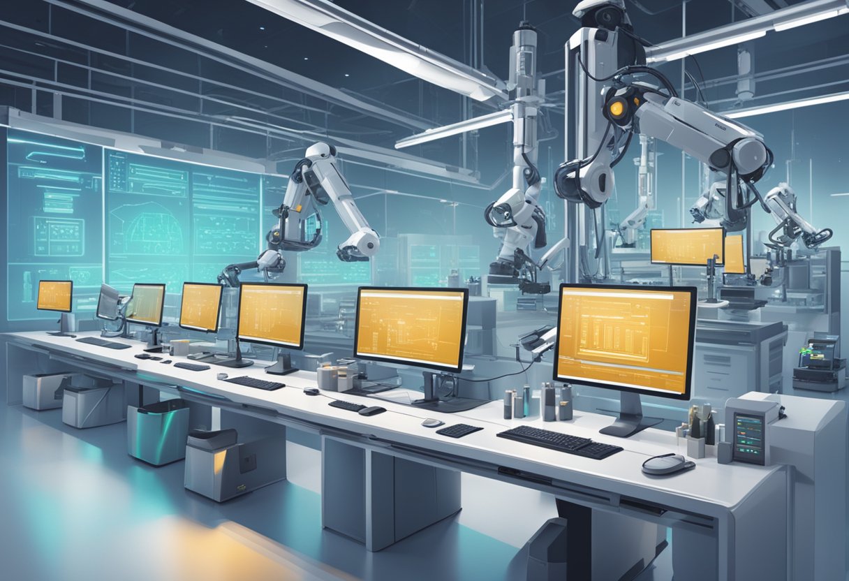 A futuristic laboratory with computer screens displaying Selenium, Cypress, and Typescript logos. Robotic arms perform automated test processes