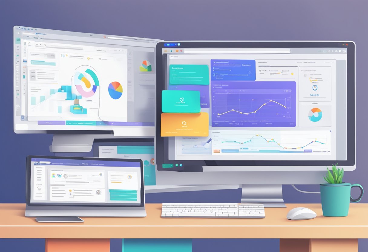 A computer with a colorful interface displaying step-by-step instructions for automation testing. A mouse hovers over the screen, ready to click