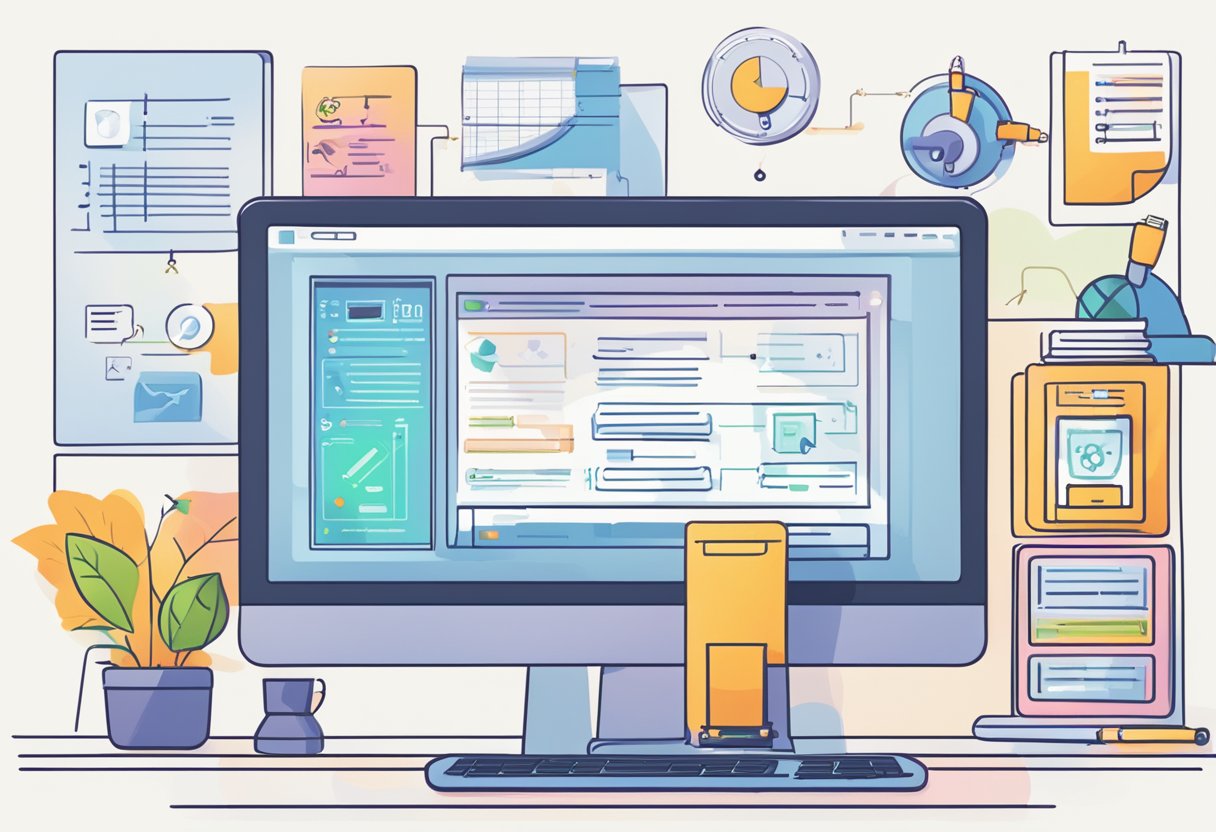 A computer screen displaying a step-by-step guide for automation testing, surrounded by colorful, engaging illustrations