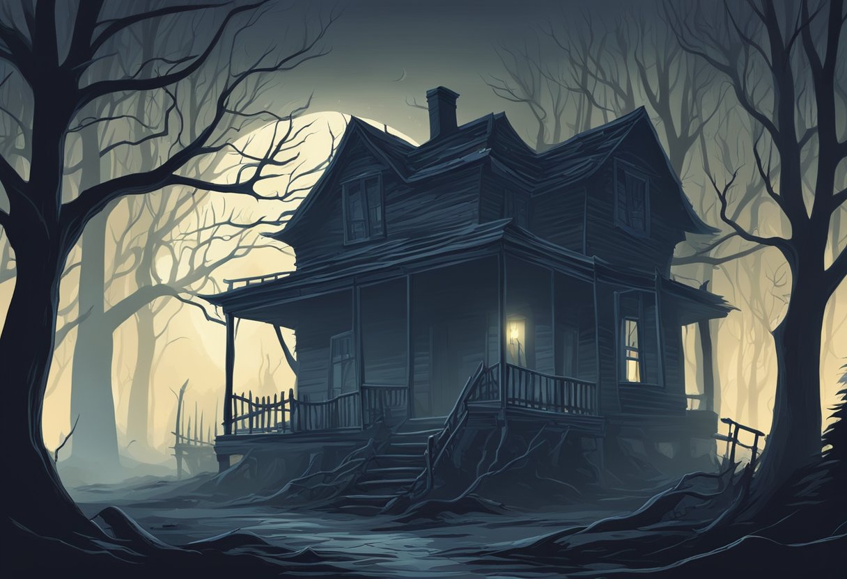 A dark forest at night with eerie, misty atmosphere. A decrepit, abandoned house looms in the background, surrounded by gnarled trees and ominous shadows