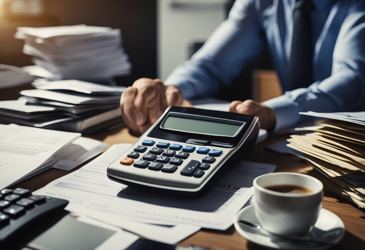 A person sitting at a desk, surrounded by paperwork and bills. A pile of credit card statements and a calculator are on the table