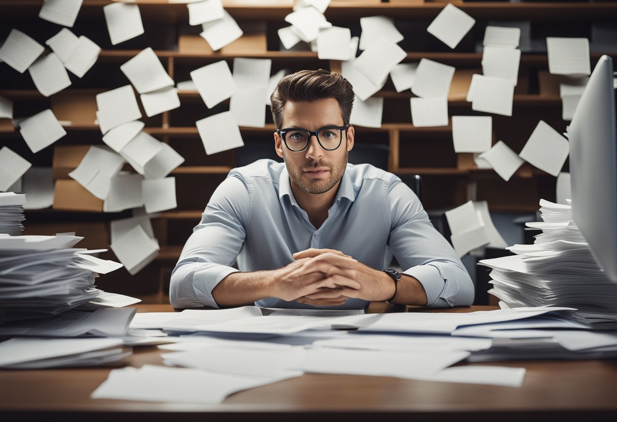 A person sitting at a desk looking at a computer screen with a puzzled expression, surrounded by paperwork and financial documents