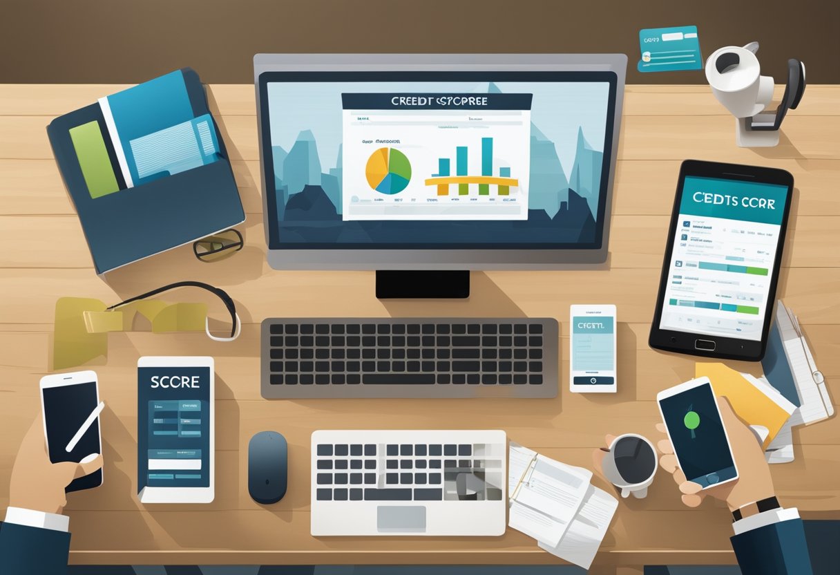 A desk with a computer, phone, and paperwork. A graph showing credit score improvement. Icons representing different credit repair services and features