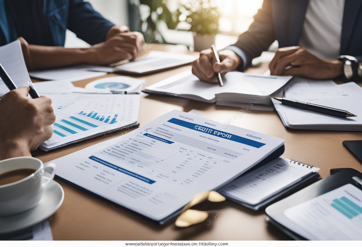 A person reviewing their credit report, surrounded by financial documents and charts, making notes and creating a plan for credit repair