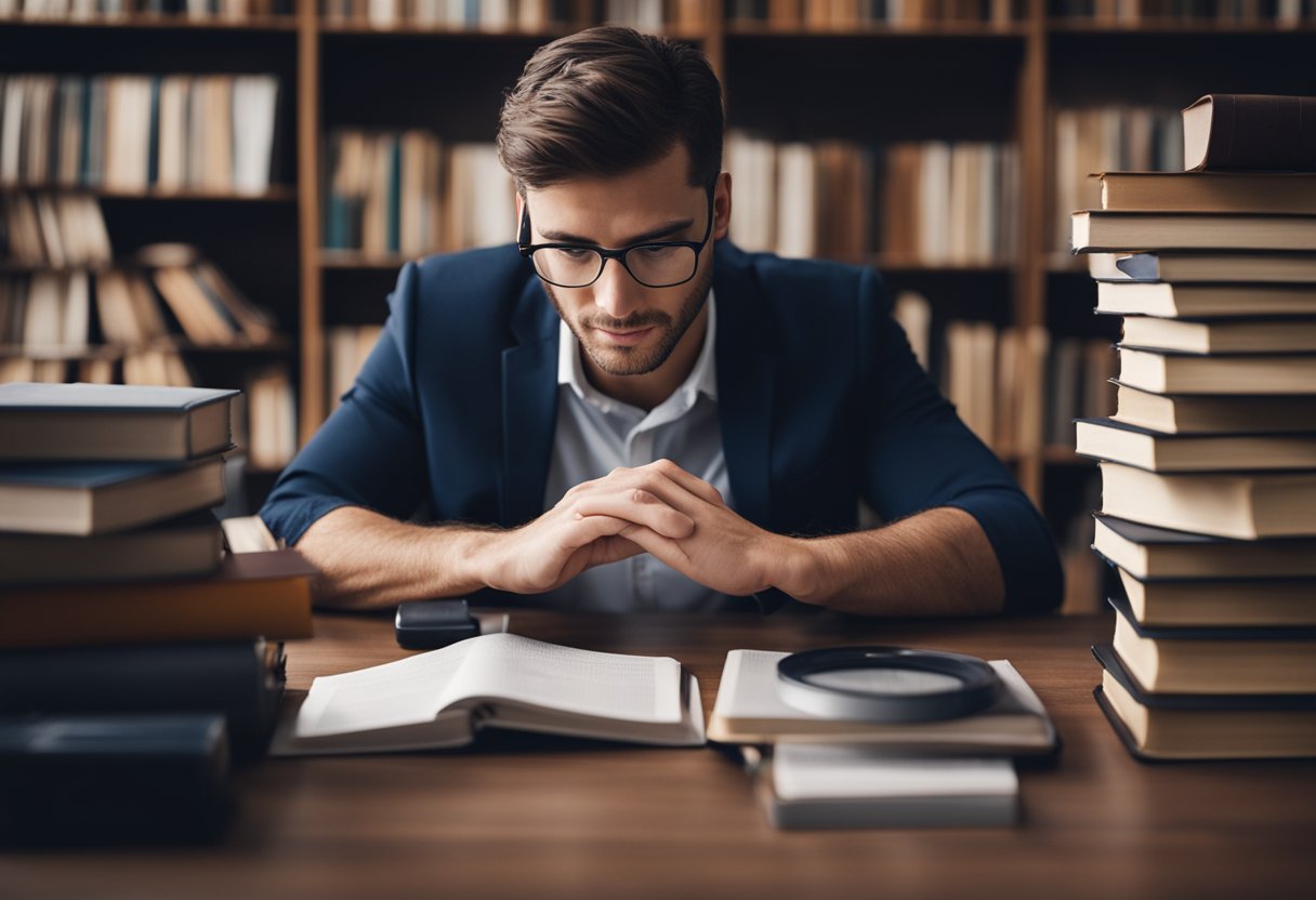 A person researching credit repair, surrounded by books and computer, with a thoughtful expression