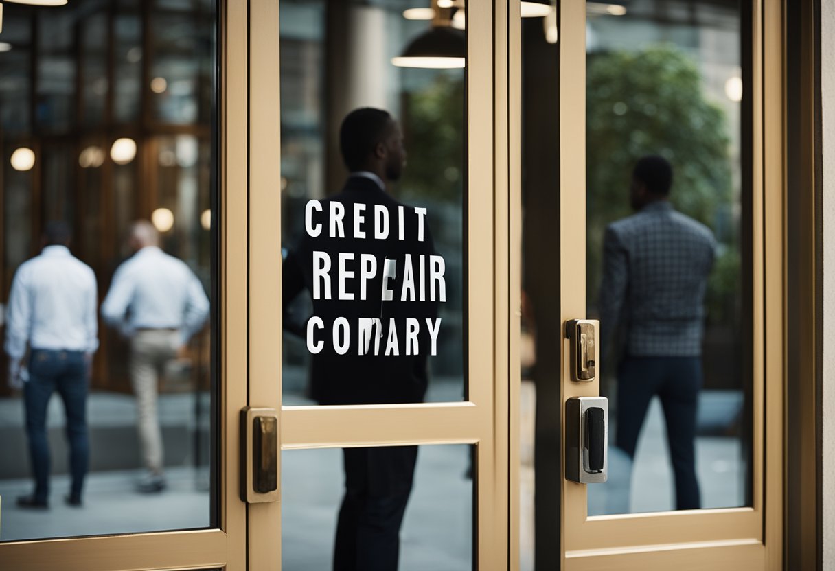 A person standing in front of two doors, one labeled "Credit Repair Company" and the other "Legit Credit Repair." They are contemplating which one to choose