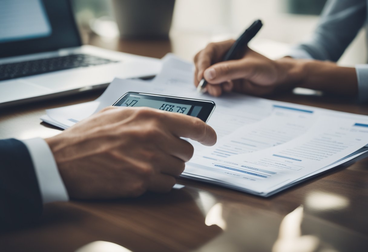 A person reviewing financial documents, paying bills on time, and monitoring credit score changes