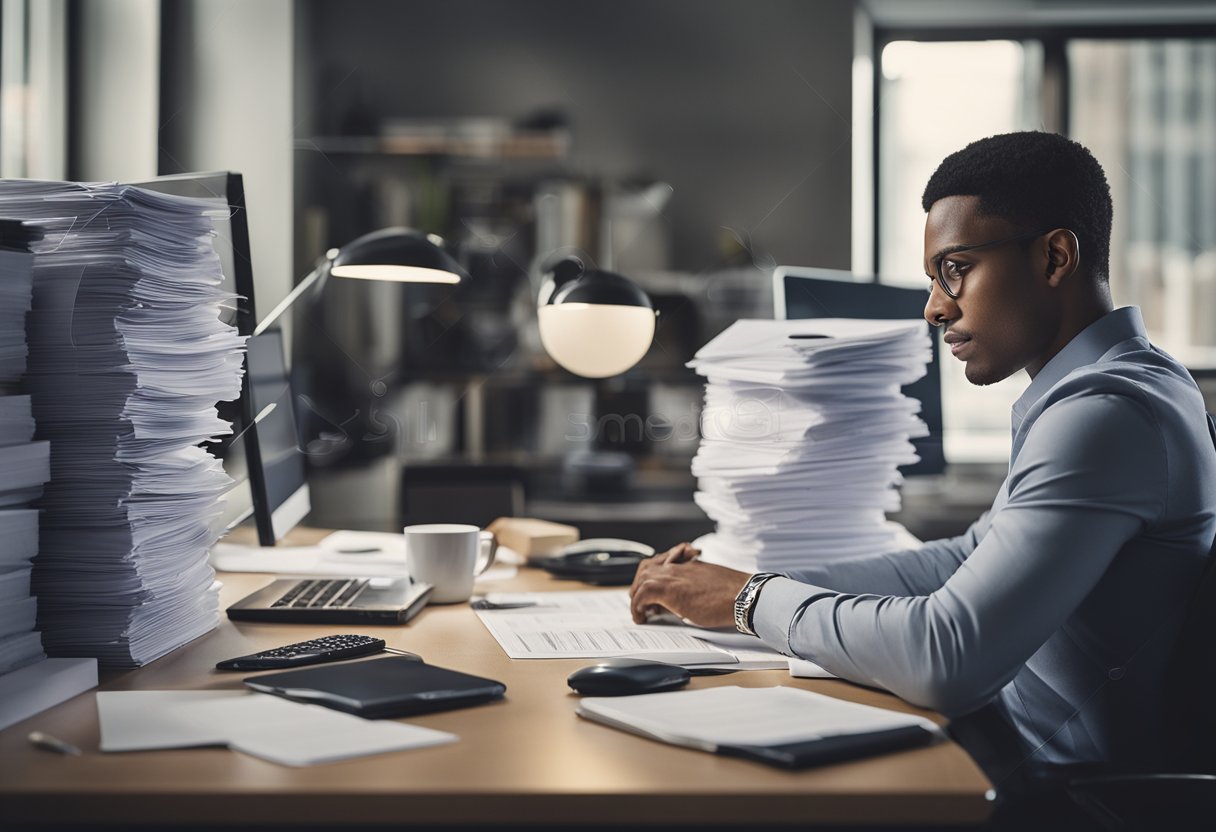 A person sitting at a desk, surrounded by paperwork and a computer. They are focused and determined, working diligently on repairing their credit