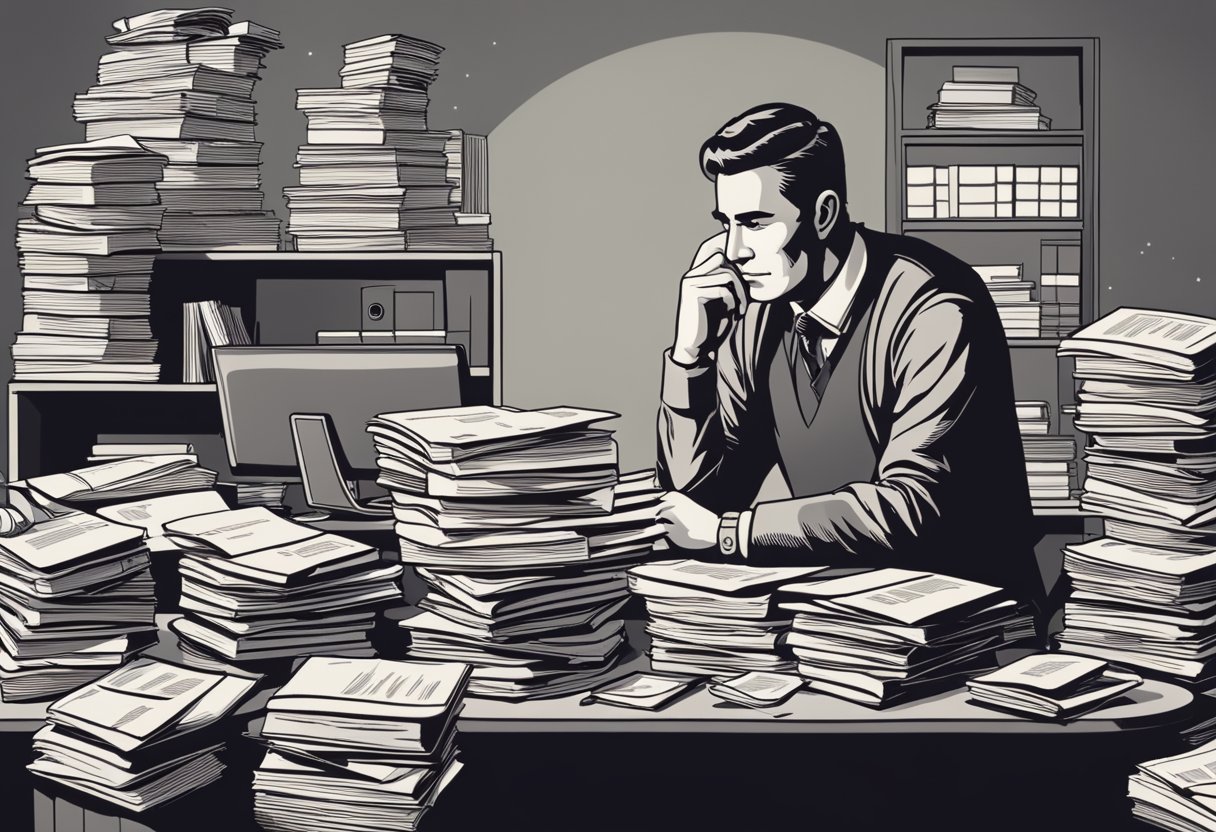 A person researching credit repair legitimacy, surrounded by piles of paper, a computer, and a stack of books. They appear deep in thought and contemplation