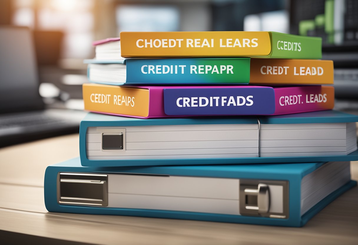 A stack of colorful folders labeled "Credit Repair Leads" sits on a desk, surrounded by a computer, phone, and paperwork