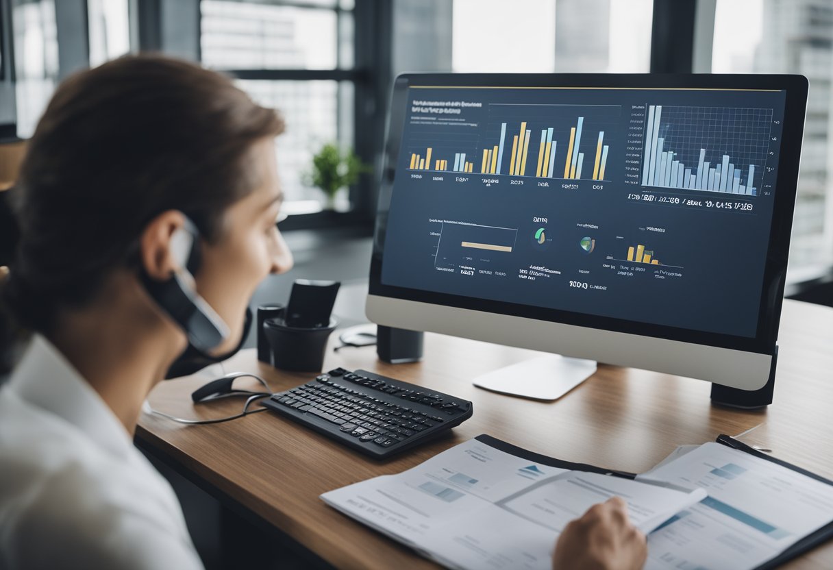 A person at a desk with a phone and computer, speaking to potential clients, while a chart shows leads converting into sales