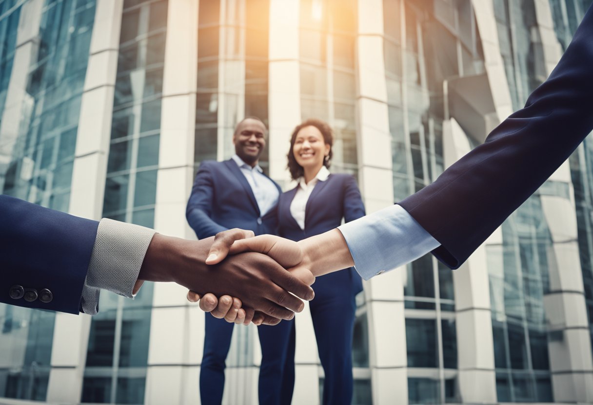 A group of people shaking hands in front of a large office building, with arrows and lines connecting them to represent partnerships and networks