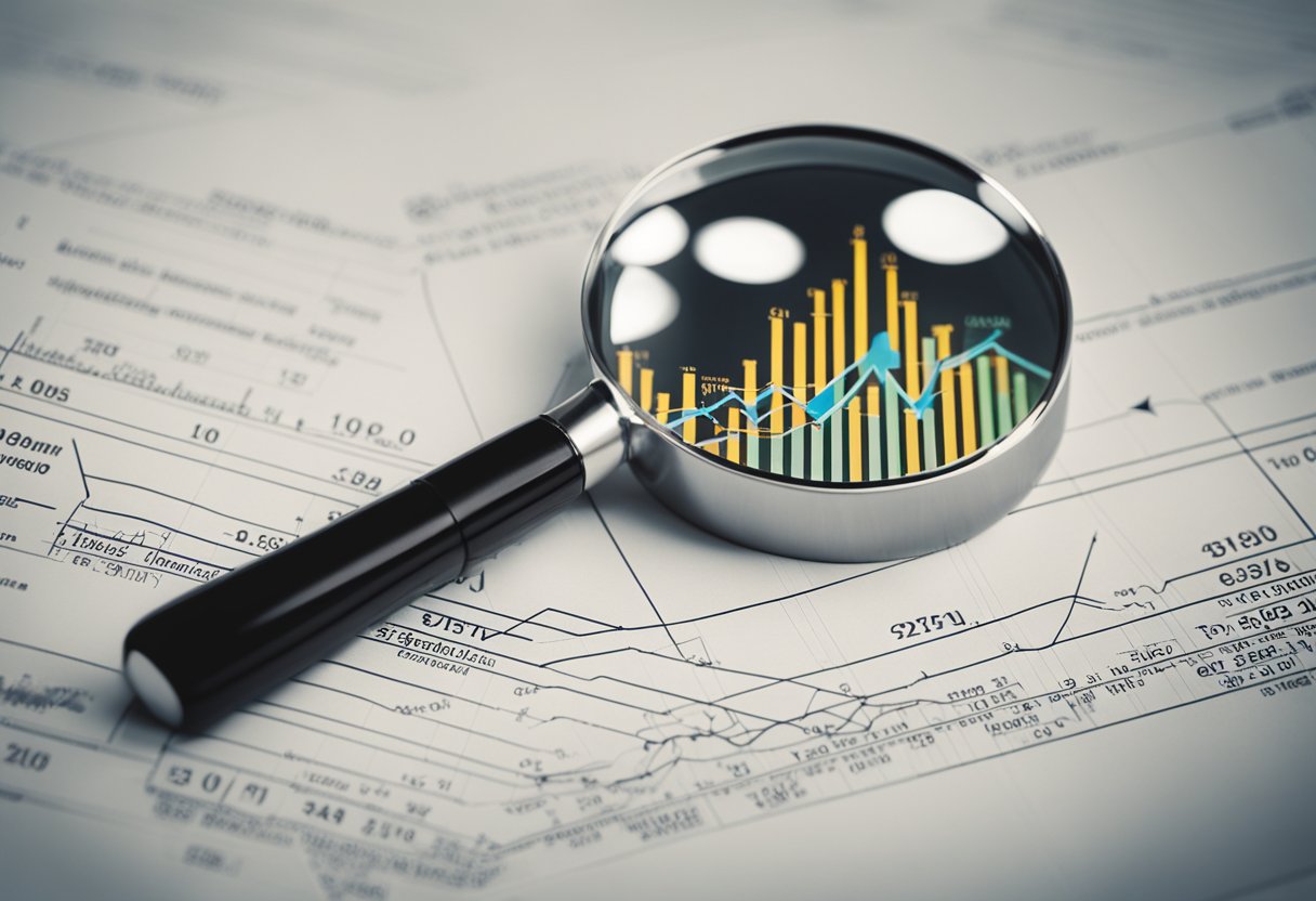 A graph showing an upward trend, with arrows pointing upwards and a magnifying glass highlighting the peak