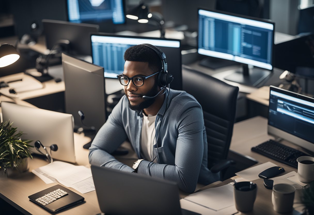 A customer service representative sitting at a desk, surrounded by computer screens and paperwork, assisting clients with credit repair inquiries