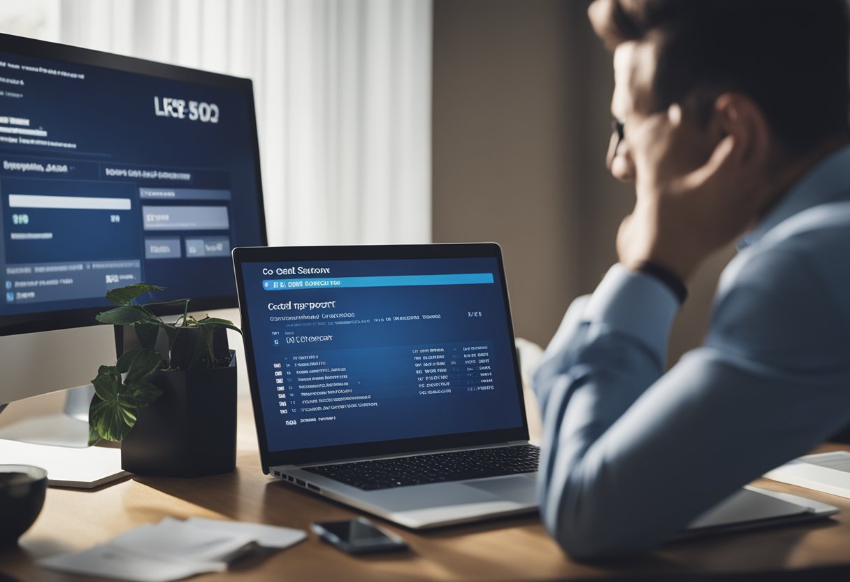 A person reading a credit report with a puzzled expression, while a credit score is displayed on a computer screen