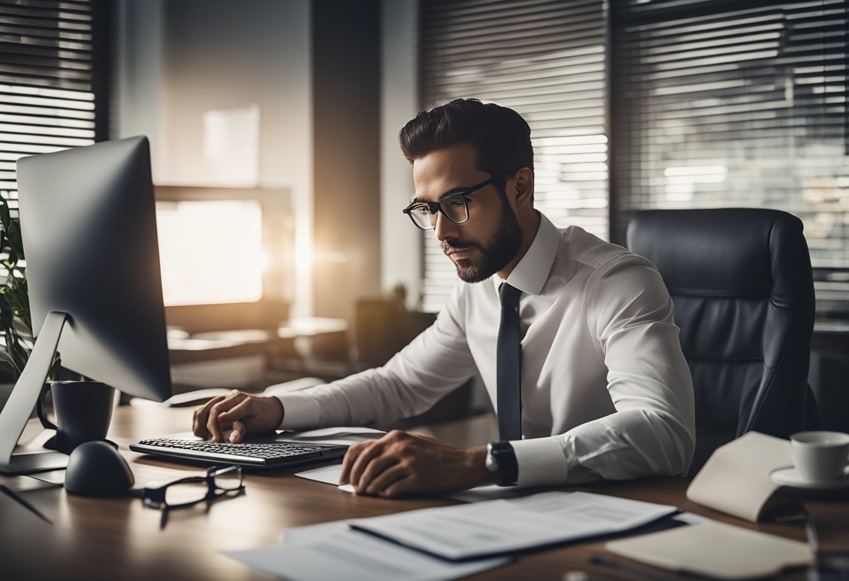 A person sits at a desk, surrounded by paperwork and a computer, researching legitimate credit repair services. They appear focused and determined