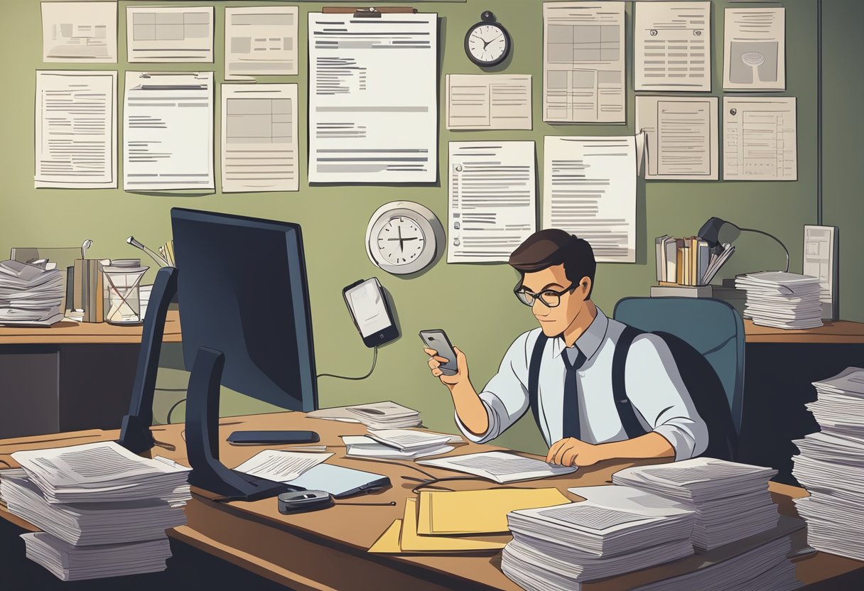 A person sits at a desk surrounded by paperwork, a computer, and a phone. They are reviewing credit reports and making notes