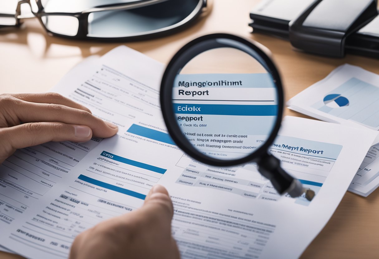 A person reviewing a credit report with a magnifying glass, highlighting negative items and circling areas of concern