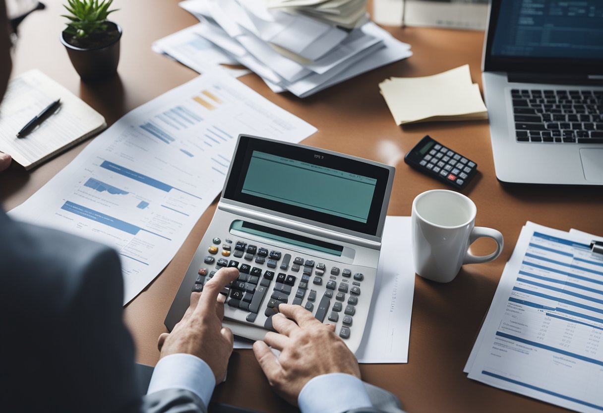 A person sitting at a desk, surrounded by financial documents, a computer, and a calculator. They are focused and determined, working on a plan for strategic debt management and credit repair