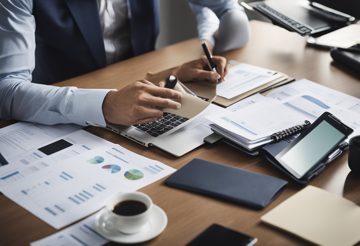 A person sitting at a desk, surrounded by financial documents and a laptop. They are reviewing their credit report and making notes on a notepad