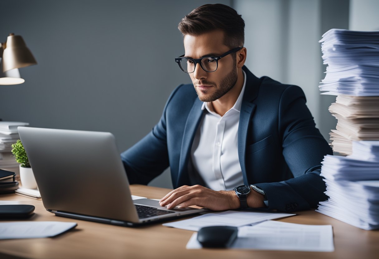 A person sitting at a desk, surrounded by paperwork and a computer, with a determined expression as they research and implement credit repair tips