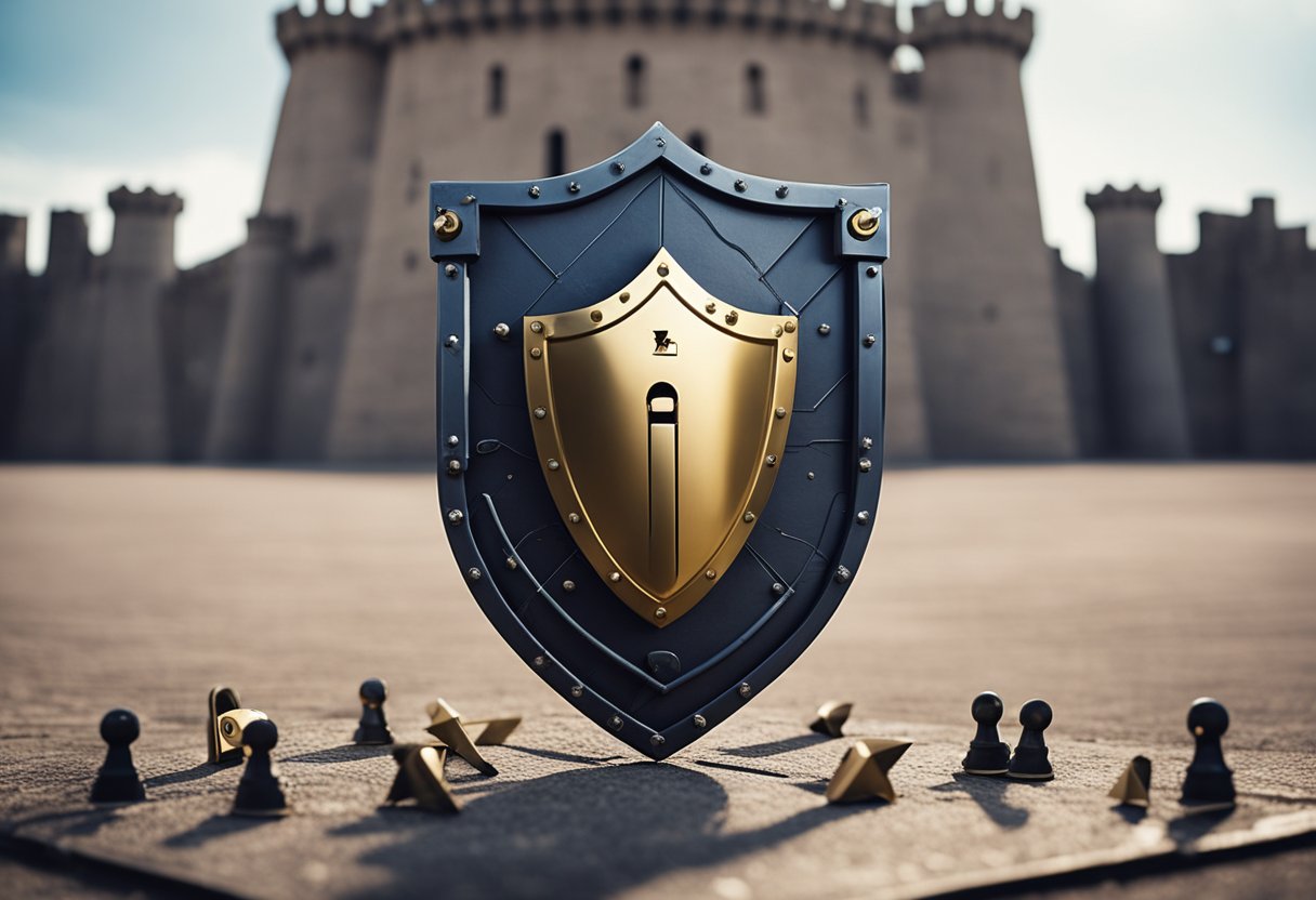 A shield with a lock symbol on it, surrounded by arrows and a fortress wall, symbolizing protection and security for credit repair