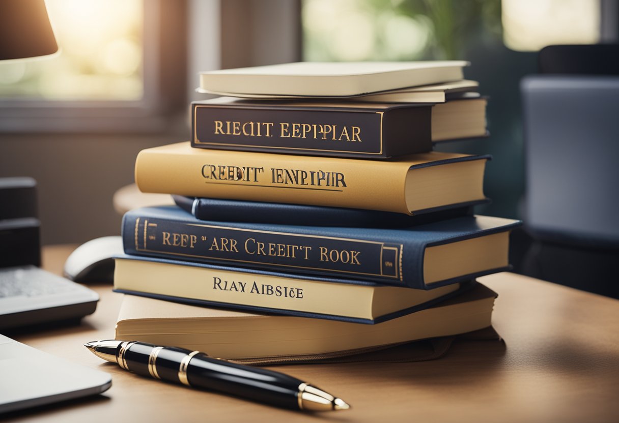 A stack of credit repair books sits on a desk, surrounded by a pen and notepad. A laptop displays a credit report in the background