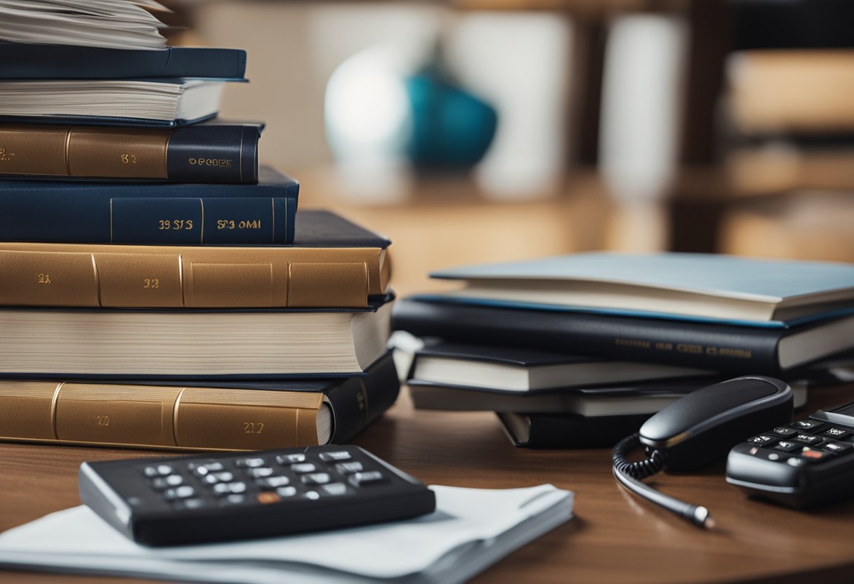 A stack of credit repair books sits on a desk, surrounded by a laptop, calculator, and paperwork. A person is diligently working to repair their credit