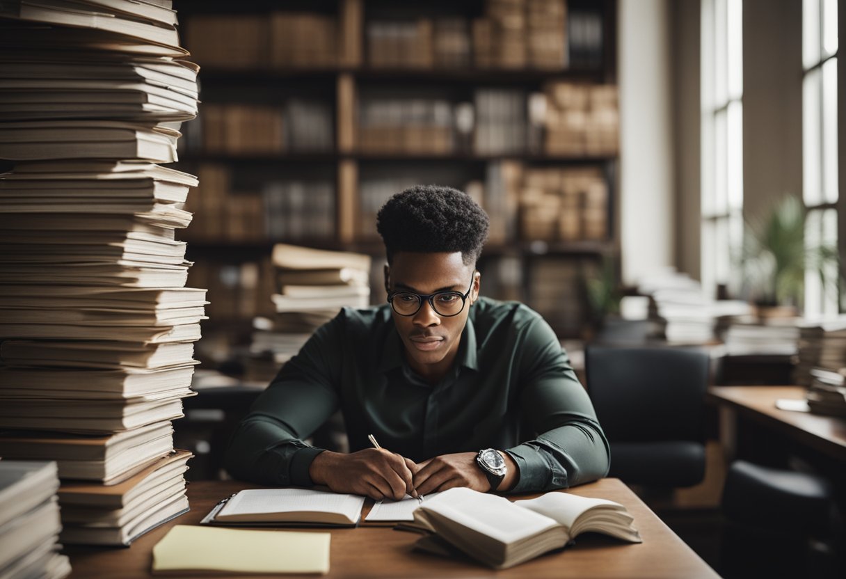 A person sits at a desk surrounded by stacks of credit repair books. They are diligently studying and taking notes, with a determined expression on their face