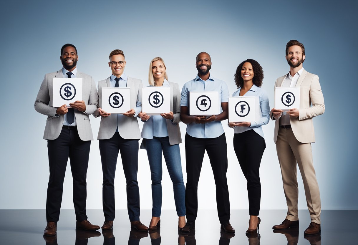 A group of five professional-looking individuals stand in a line, each holding a symbol representing a different credit repair company. They exude confidence and trustworthiness