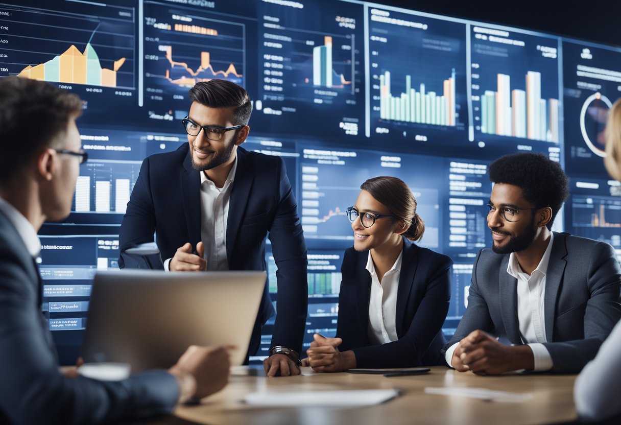 A diverse group of people discussing financial matters with charts and graphs displayed on a large screen