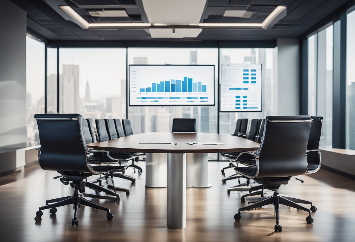 A conference table with five chairs, each labeled with the name of a top credit repair company. Documents and financial charts spread out on the table