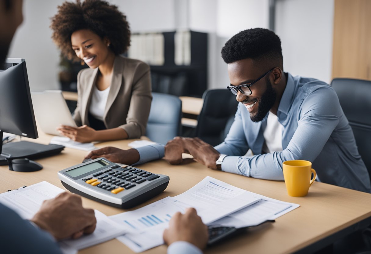 A person receiving a loan to repair credit. They are sitting at a desk with paperwork, a calculator, and a computer. A bank representative is across from them, discussing terms