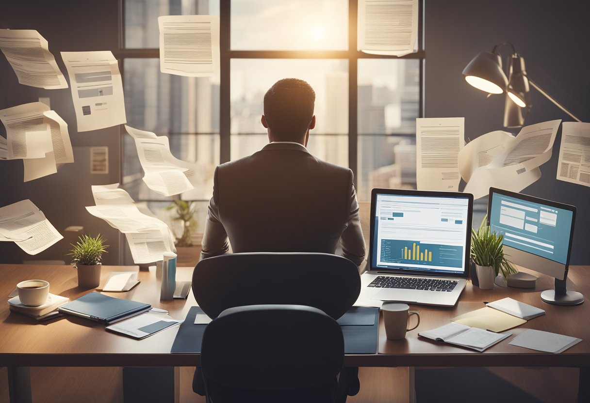 A person sitting at a desk, surrounded by paperwork and a computer, researching and comparing different credit repair services