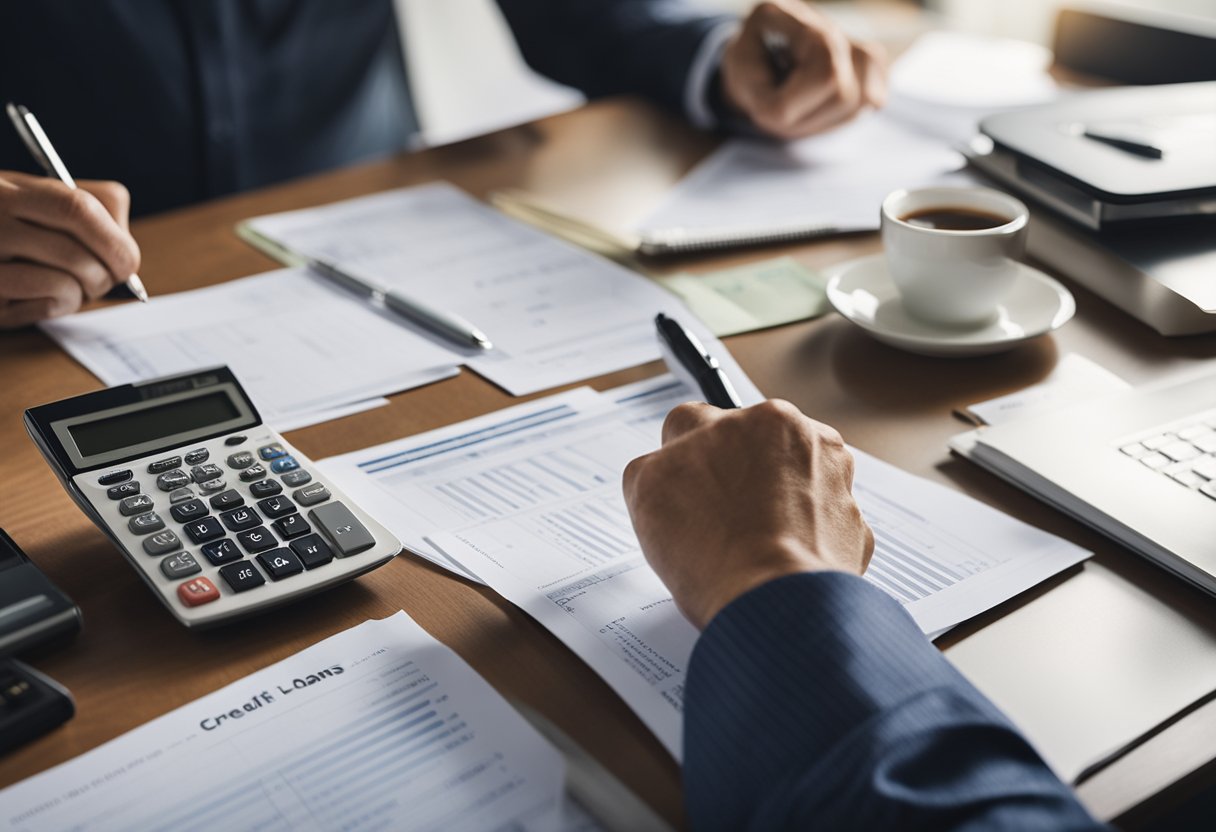 A person sits at a desk with a laptop, surrounded by financial documents. They are making notes and using a calculator, with a stack of papers labeled "credit repair loans" nearby