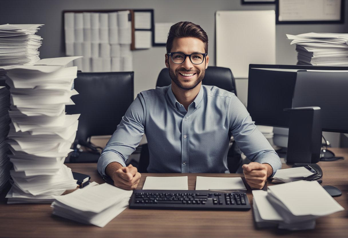 A customer service representative sits at a desk, surrounded by stacks of paper and a computer screen displaying the words "Frequently Asked Questions - Credit Repair Loans." They are ready to assist clients with their inquiries