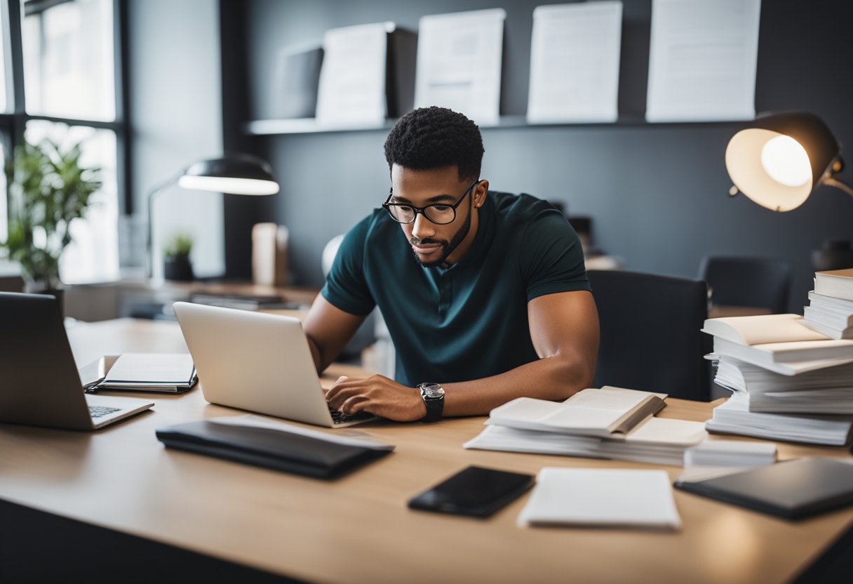 A person sitting at a desk, surrounded by books and papers, typing on a laptop while studying credit repair training materials