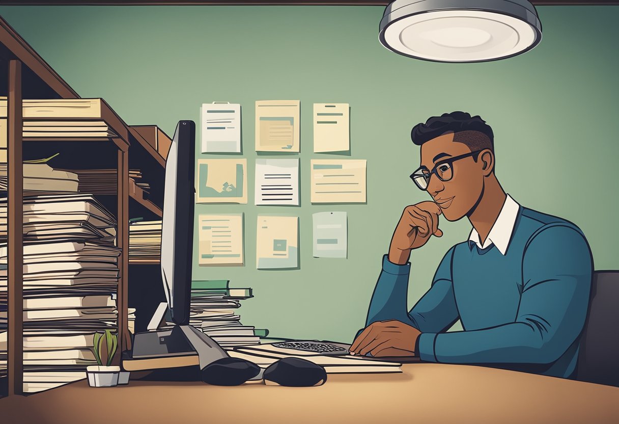 A person sitting at a desk with a computer, surrounded by books and paperwork. A sign on the wall reads "Credit Repair Training."