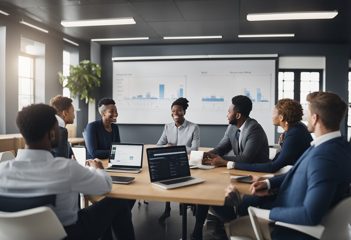 A group of people engage in credit repair training, exchanging knowledge and ideas in a collaborative environment. Charts, graphs, and educational materials are scattered across the room