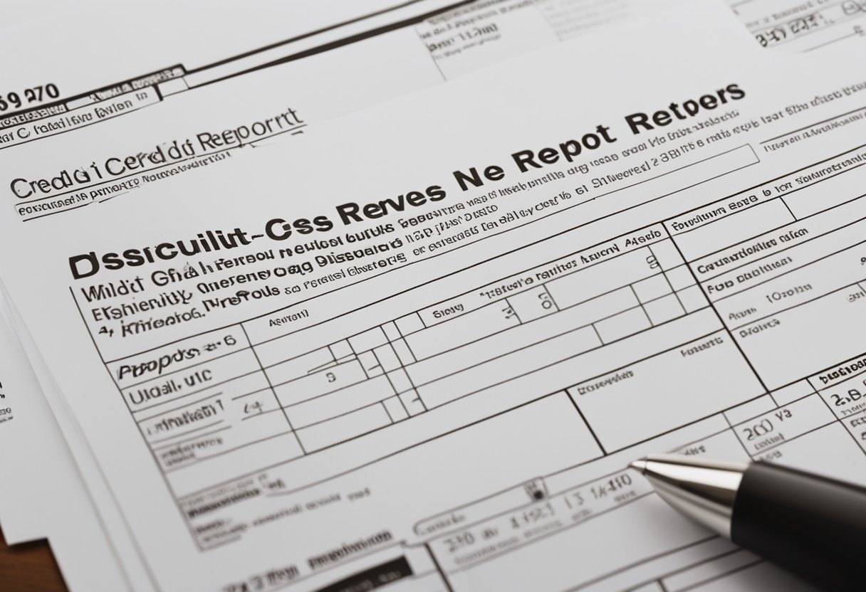 A person reviewing a credit report, circling errors, and filling out dispute forms to send to credit bureaus