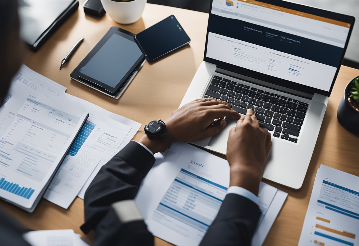 A person sitting at a desk surrounded by paperwork, a computer, and a phone. They are reviewing credit reports and making notes