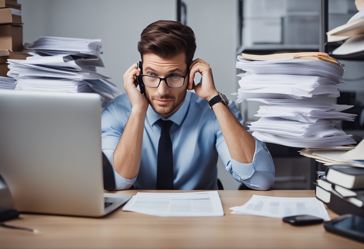 A person sitting at a desk surrounded by paperwork and a computer, with a phone ringing off the hook and a stack of Frequently Asked Questions about credit report repair